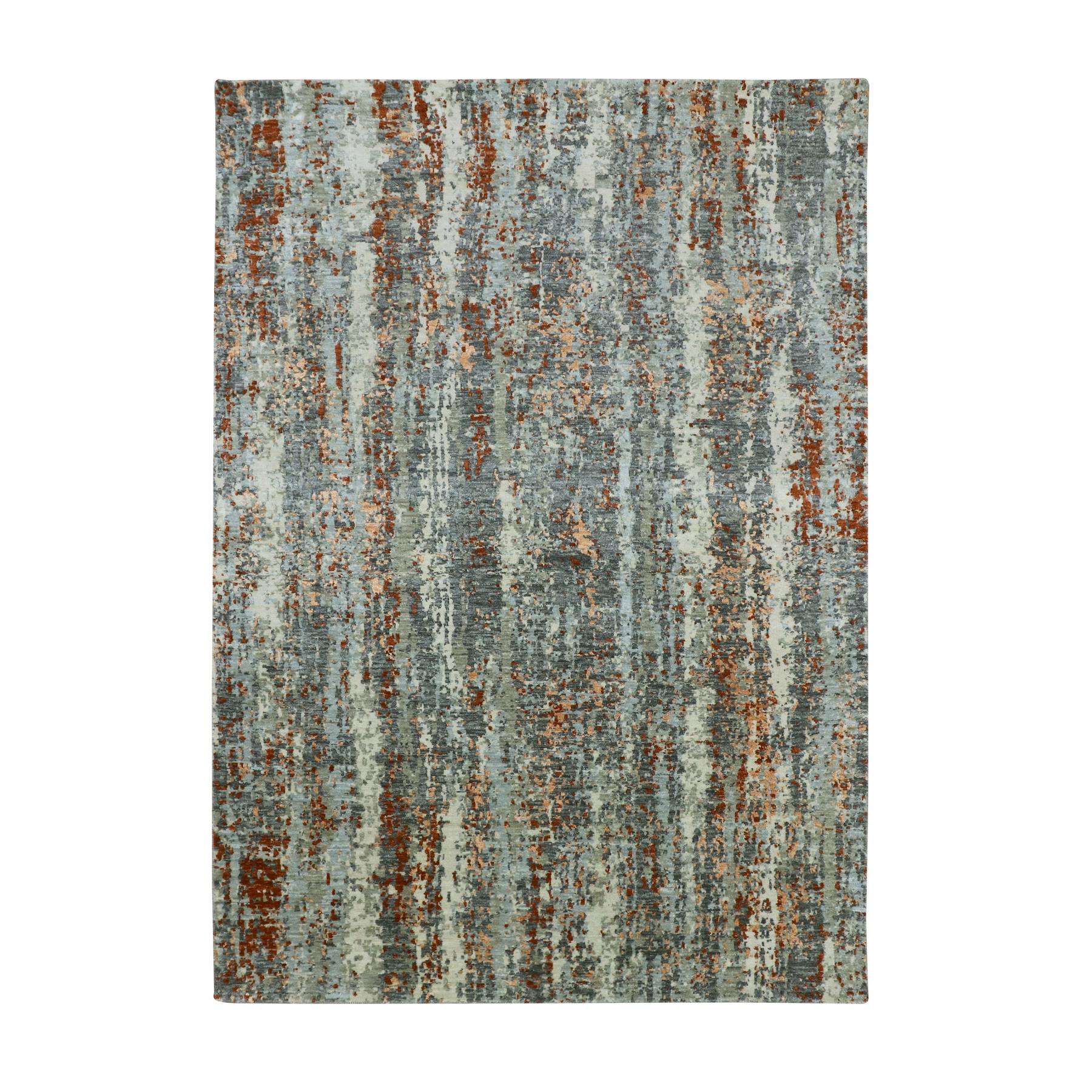 Shades of Gray with Rust, Abstract with Galaxy Design, Persian Knot, Pure Wool, Hand Knotted, Densely Woven, Oriental Rug